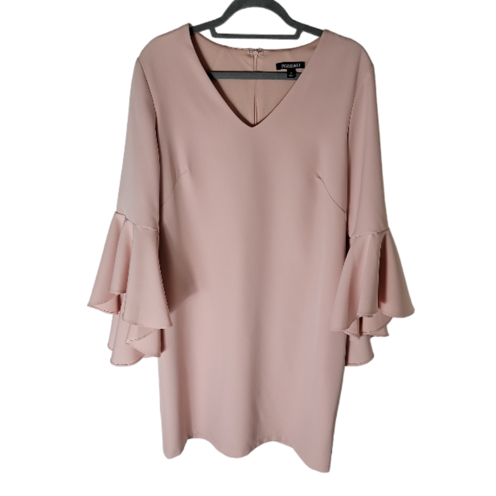 Roz & Ali pink v neck ruffle bell sleeve shift dress women's size 12